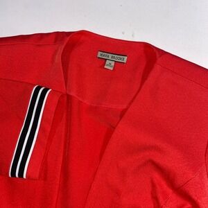 Maya Brooke Red Blazer Jacket Womens Size 14 3/4 Sleeve Striped Cuffs Open Front
